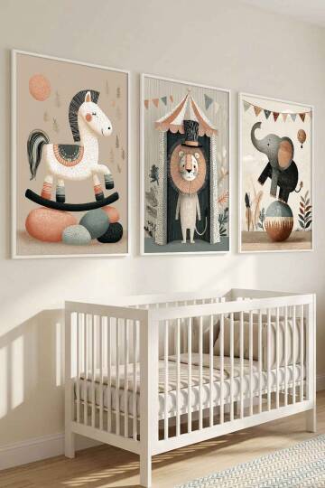 Bebek Odası 3'lü Set Sirk Hayvanları Pastel Çerçeveli Tablo Çocuk Odası Dekorasyonu - 7
