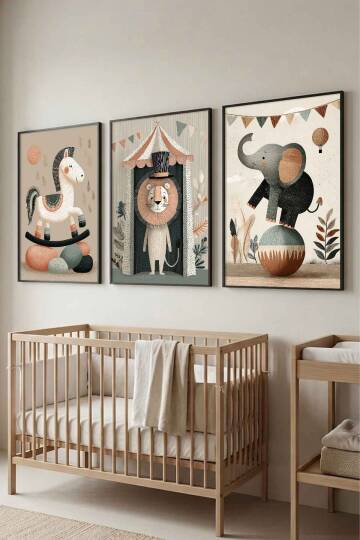 Bebek Odası 3'lü Set Sirk Hayvanları Pastel Çerçeveli Tablo Çocuk Odası Dekorasyonu - 5