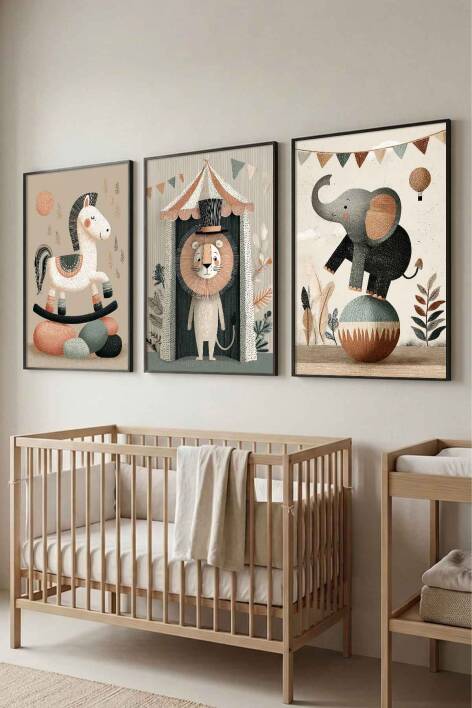 Bebek Odası 3'lü Set Sirk Hayvanları Pastel Çerçeveli Tablo Çocuk Odası Dekorasyonu - 5