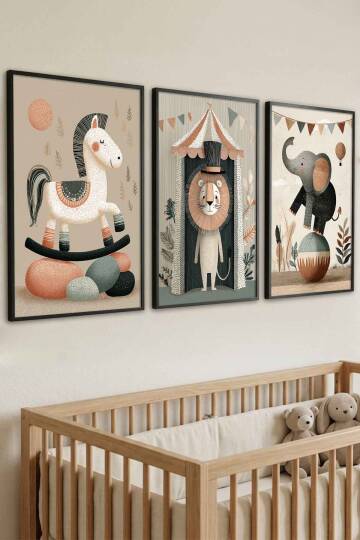 Bebek Odası 3'lü Set Sirk Hayvanları Pastel Çerçeveli Tablo Çocuk Odası Dekorasyonu - 4