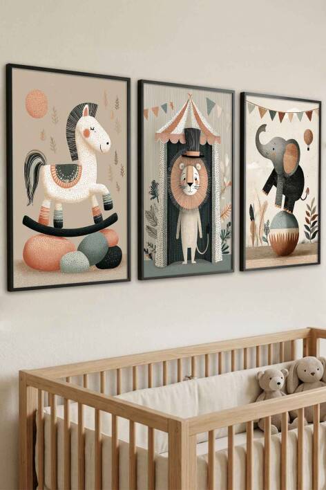 Bebek Odası 3'lü Set Sirk Hayvanları Pastel Çerçeveli Tablo Çocuk Odası Dekorasyonu - 4