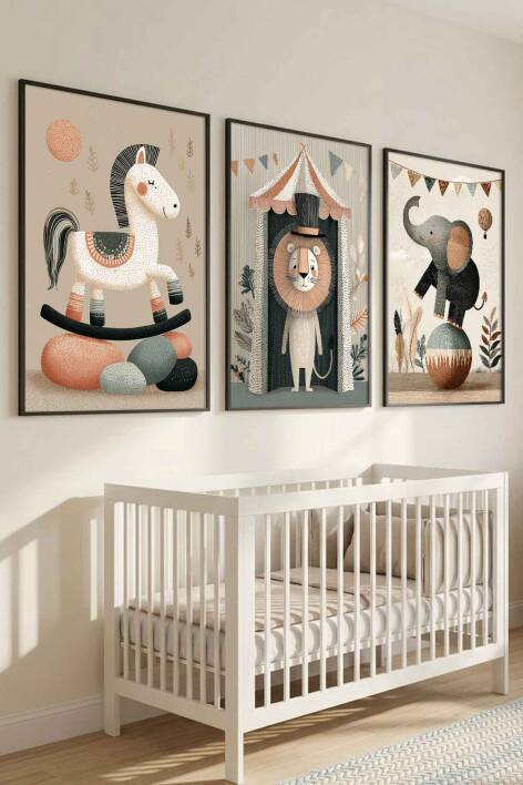Bebek Odası 3'lü Set Sirk Hayvanları Pastel Çerçeveli Tablo Çocuk Odası Dekorasyonu - 6