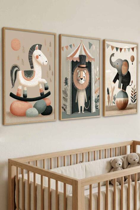 Bebek Odası 3'lü Set Sirk Hayvanları Pastel Çerçeveli Tablo Çocuk Odası Dekorasyonu - 1