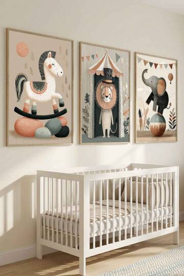 Bebek Odası 3'lü Set Sirk Hayvanları Pastel Çerçeveli Tablo Çocuk Odası Dekorasyonu - 3