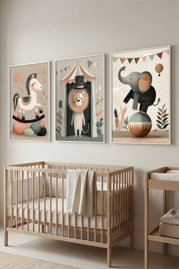 Bebek Odası 3'lü Set Sirk Hayvanları Pastel Çerçeveli Tablo Çocuk Odası Dekorasyonu - 9