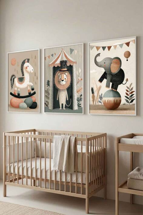 Bebek Odası 3'lü Set Sirk Hayvanları Pastel Çerçeveli Tablo Çocuk Odası Dekorasyonu - 9