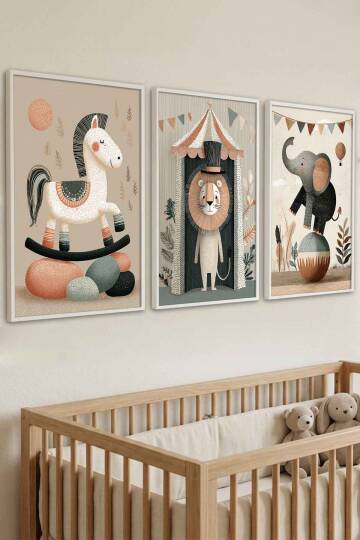 Bebek Odası 3'lü Set Sirk Hayvanları Pastel Çerçeveli Tablo Çocuk Odası Dekorasyonu - 8