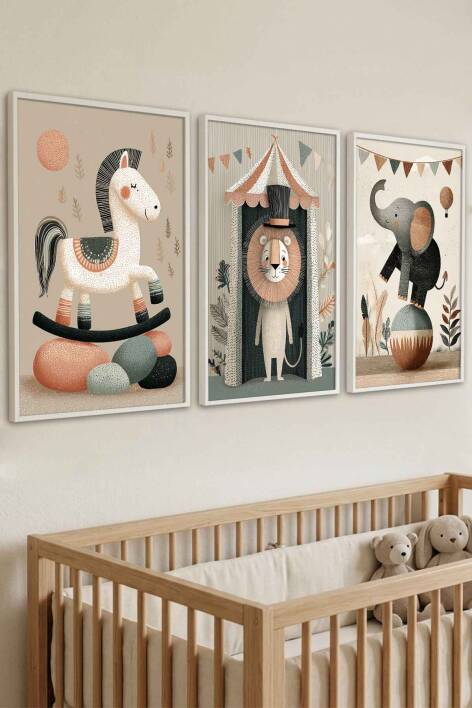 Bebek Odası 3'lü Set Sirk Hayvanları Pastel Çerçeveli Tablo Çocuk Odası Dekorasyonu - 8