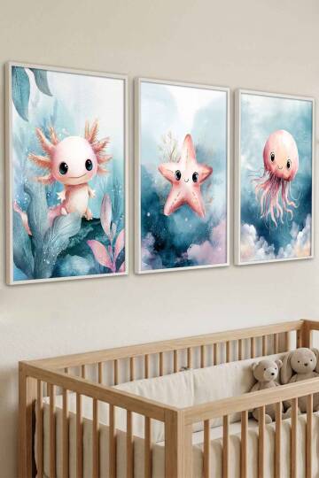 Bebek Odası Deniz Canlıları 3'lü Set Çerçeveli Tablo Çocuk Odası Dekorasyon - 3