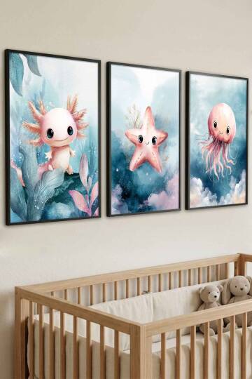 Bebek Odası Deniz Canlıları 3'lü Set Çerçeveli Tablo Çocuk Odası Dekorasyon - 5