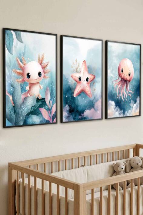 Bebek Odası Deniz Canlıları 3'lü Set Çerçeveli Tablo Çocuk Odası Dekorasyon - 5
