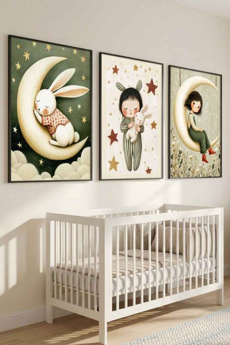 Bebek Odası Duvar Dekorasyonu Ay ve Tavşan Temalı Çerçeveli Tablo Çocuk Odası 3'lü Set - 6