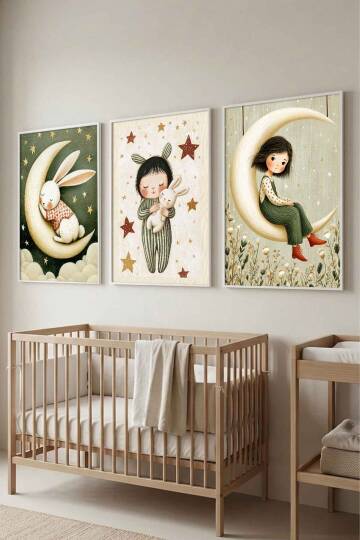 Bebek Odası Duvar Dekorasyonu Ay ve Tavşan Temalı Çerçeveli Tablo Çocuk Odası 3'lü Set - 8