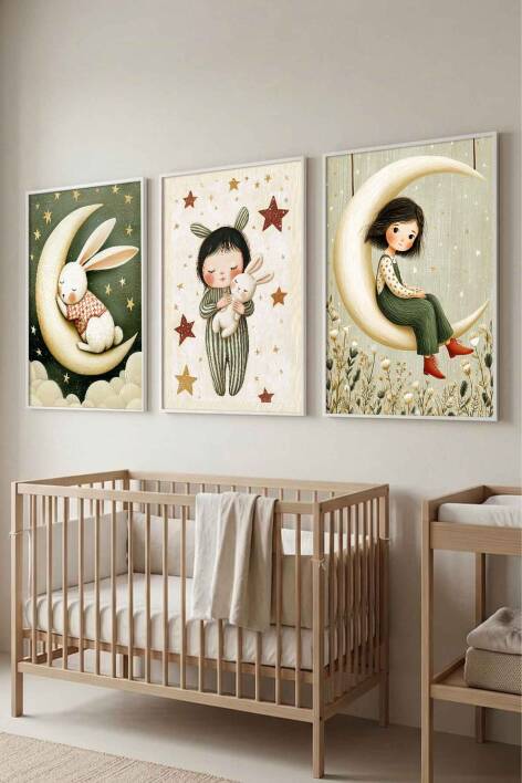 Bebek Odası Duvar Dekorasyonu Ay ve Tavşan Temalı Çerçeveli Tablo Çocuk Odası 3'lü Set - 8