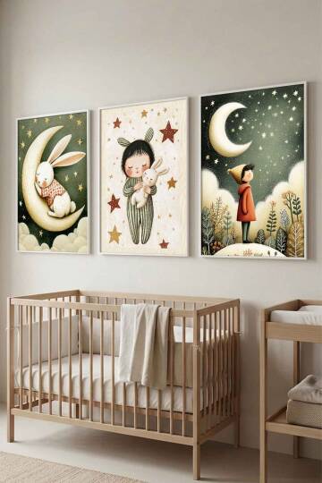 Bebek Odası İskandinav Uyku Temalı Tavşan ve Ay Figürlü Çerçeveli Tablo 3'lü Set - 9