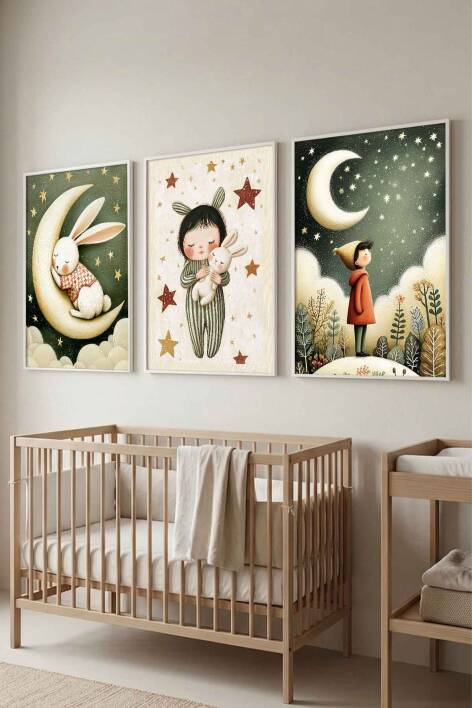 Bebek Odası İskandinav Uyku Temalı Tavşan ve Ay Figürlü Çerçeveli Tablo 3'lü Set - 9