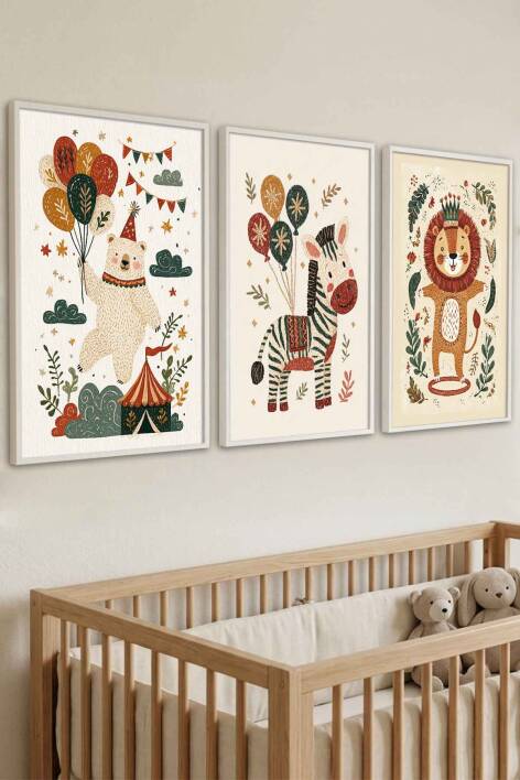 Bebek Odası Sirk Hayvanları 3'lü Set Çerçeveli Tablo Çocuk Odası Dekorasyonu - 8