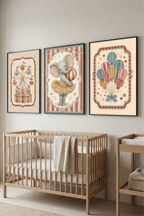 Bebek Odası Sirk Temalı 3'lü Set Çerçeveli Tablo Çocuk Odası Dekorasyon - 4