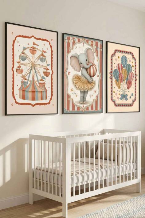 Bebek Odası Sirk Temalı 3'lü Set Çerçeveli Tablo Çocuk Odası Dekorasyon - 6