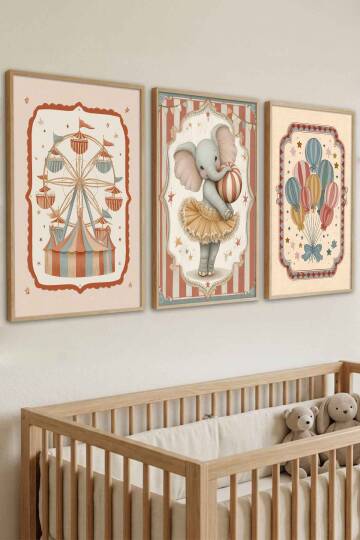 Bebek Odası Sirk Temalı 3'lü Set Çerçeveli Tablo Çocuk Odası Dekorasyon