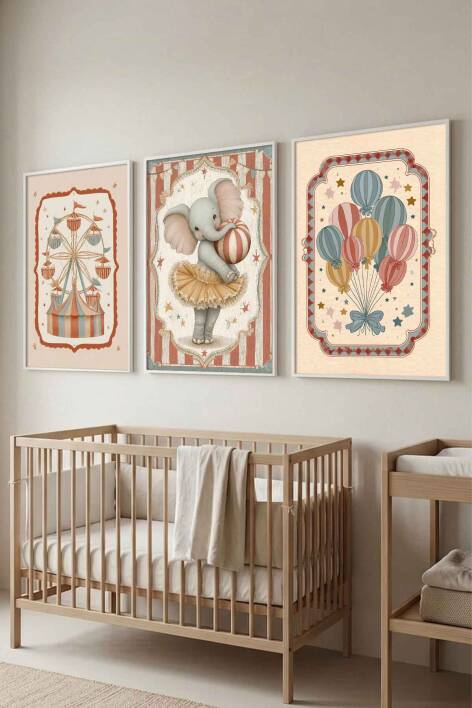 Bebek Odası Sirk Temalı 3'lü Set Çerçeveli Tablo Çocuk Odası Dekorasyon - 8