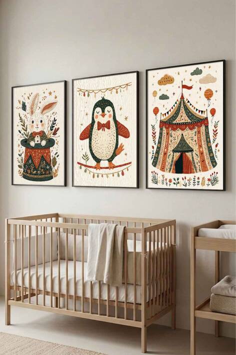 Bebek Odası Sirk Temalı 3'lü Set Çerçeveli Tablo Çocuk Odası Dekorasyonu - 5