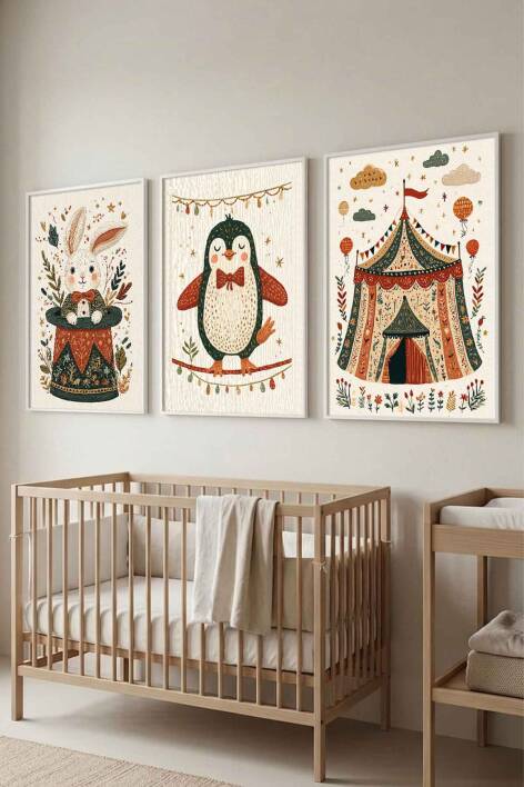 Bebek Odası Sirk Temalı 3'lü Set Çerçeveli Tablo Çocuk Odası Dekorasyonu - 9