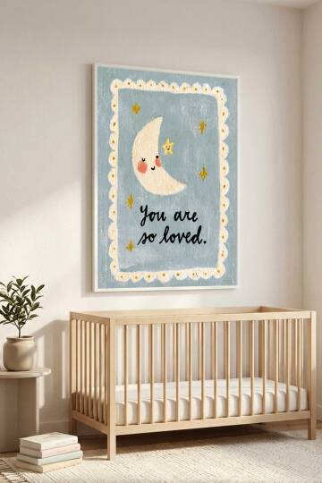 Bebek Odası Tablosu Ay ve Yıldız Figürlü You Are So Loved Yazılı Çerçeveli Tablo Çocuk Odası Dekorasyonu - 3