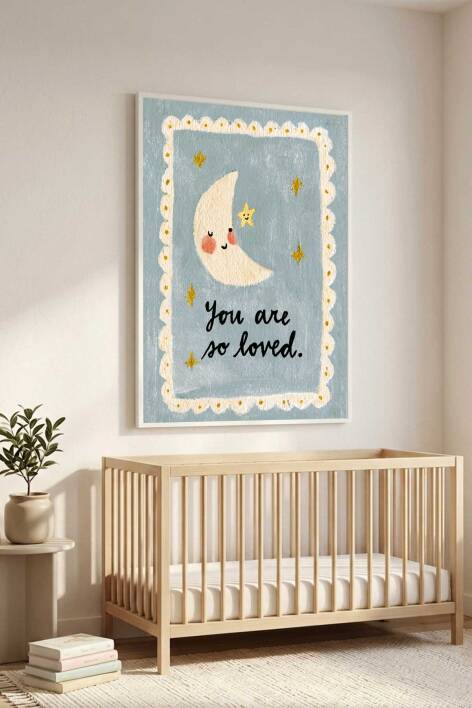 Bebek Odası Tablosu Ay ve Yıldız Figürlü You Are So Loved Yazılı Çerçeveli Tablo Çocuk Odası Dekorasyonu - 3