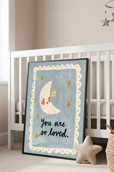 Bebek Odası Tablosu Ay ve Yıldız Figürlü You Are So Loved Yazılı Çerçeveli Tablo Çocuk Odası Dekorasyonu - 4