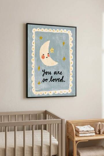Bebek Odası Tablosu Ay ve Yıldız Figürlü You Are So Loved Yazılı Çerçeveli Tablo Çocuk Odası Dekorasyonu - 5