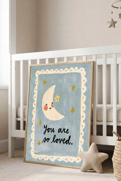 Bebek Odası Tablosu Ay ve Yıldız Figürlü You Are So Loved Yazılı Çerçeveli Tablo Çocuk Odası Dekorasyonu - 7