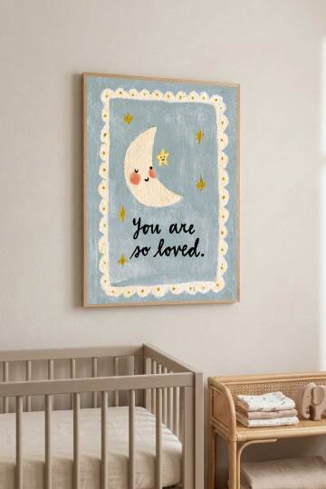 Bebek Odası Tablosu Ay ve Yıldız Figürlü You Are So Loved Yazılı Çerçeveli Tablo Çocuk Odası Dekorasyonu - 8