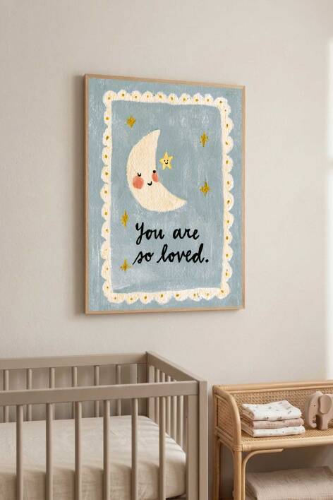 Bebek Odası Tablosu Ay ve Yıldız Figürlü You Are So Loved Yazılı Çerçeveli Tablo Çocuk Odası Dekorasyonu - 8