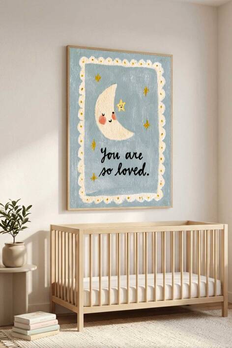 Bebek Odası Tablosu Ay ve Yıldız Figürlü You Are So Loved Yazılı Çerçeveli Tablo Çocuk Odası Dekorasyonu - 9