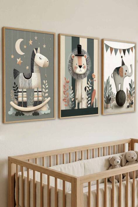 Bebek ve Çocuk Odası Hayvan Figürlü Bohem 3'lü Set Çerçeveli Tablo Duvar Dekoru - 7