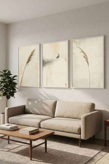 Bohem 3'lü Set Pampas ve Ay Temalı Minimalist Çerçeveli Tablo Salon ve Yatak Odası Dekorasyonu - 9
