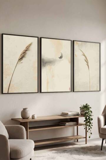 Bohem 3'lü Set Pampas ve Ay Temalı Minimalist Çerçeveli Tablo Salon ve Yatak Odası Dekorasyonu Siyah