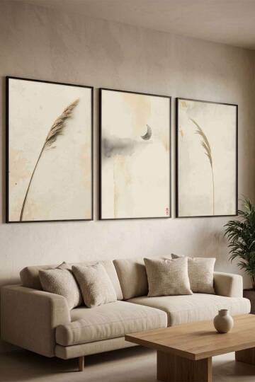 Bohem 3'lü Set Pampas ve Ay Temalı Minimalist Çerçeveli Tablo Salon ve Yatak Odası Dekorasyonu - 5