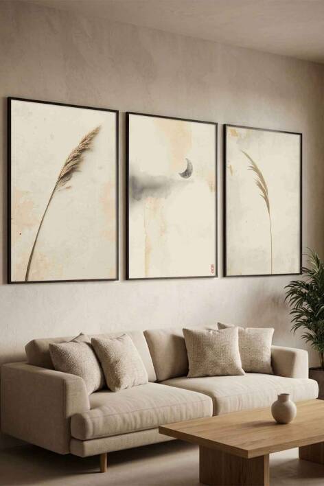 Bohem 3'lü Set Pampas ve Ay Temalı Minimalist Çerçeveli Tablo Salon ve Yatak Odası Dekorasyonu - 5