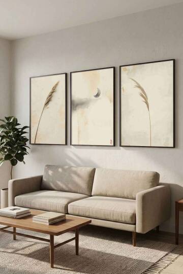 Bohem 3'lü Set Pampas ve Ay Temalı Minimalist Çerçeveli Tablo Salon ve Yatak Odası Dekorasyonu - 6