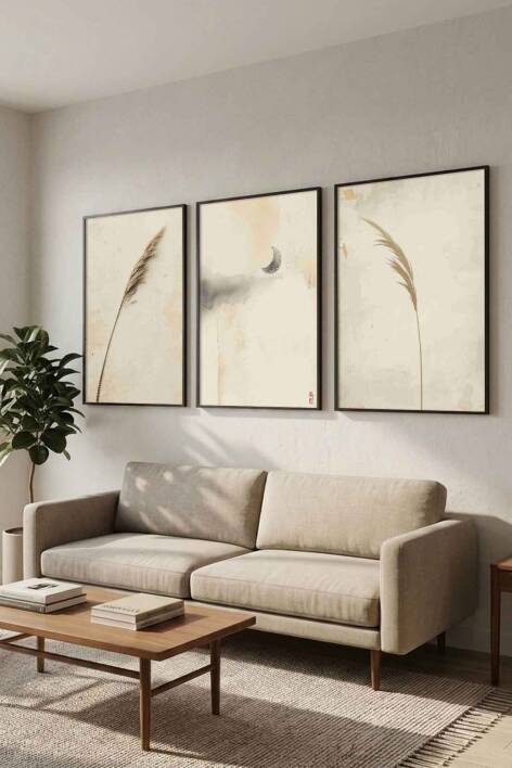 Bohem 3'lü Set Pampas ve Ay Temalı Minimalist Çerçeveli Tablo Salon ve Yatak Odası Dekorasyonu - 6