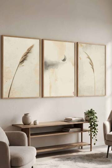 Bohem 3'lü Set Pampas ve Ay Temalı Minimalist Çerçeveli Tablo Salon ve Yatak Odası Dekorasyonu