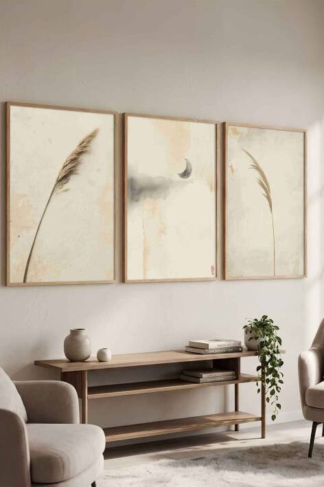 Bohem 3'lü Set Pampas ve Ay Temalı Minimalist Çerçeveli Tablo Salon ve Yatak Odası Dekorasyonu - 1