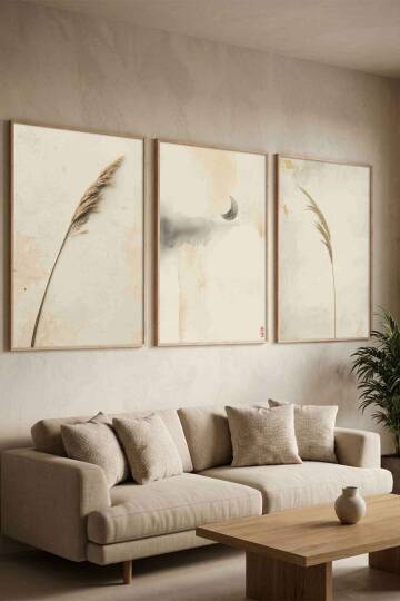Bohem 3'lü Set Pampas ve Ay Temalı Minimalist Çerçeveli Tablo Salon ve Yatak Odası Dekorasyonu - 2