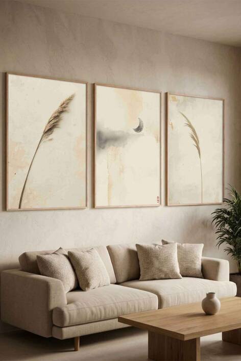 Bohem 3'lü Set Pampas ve Ay Temalı Minimalist Çerçeveli Tablo Salon ve Yatak Odası Dekorasyonu - 2