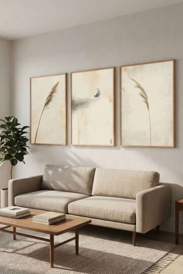 Bohem 3'lü Set Pampas ve Ay Temalı Minimalist Çerçeveli Tablo Salon ve Yatak Odası Dekorasyonu - 3