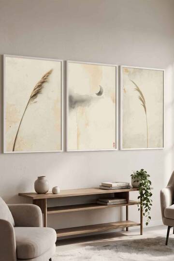 Bohem 3'lü Set Pampas ve Ay Temalı Minimalist Çerçeveli Tablo Salon ve Yatak Odası Dekorasyonu Beyaz