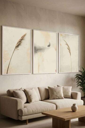 Bohem 3'lü Set Pampas ve Ay Temalı Minimalist Çerçeveli Tablo Salon ve Yatak Odası Dekorasyonu - 8
