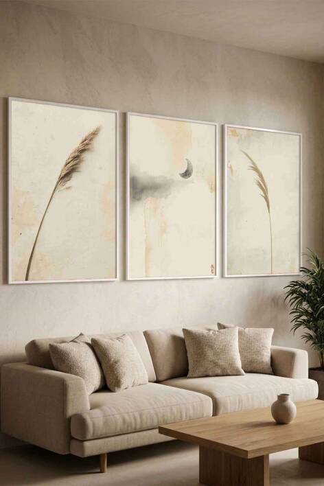 Bohem 3'lü Set Pampas ve Ay Temalı Minimalist Çerçeveli Tablo Salon ve Yatak Odası Dekorasyonu - 8